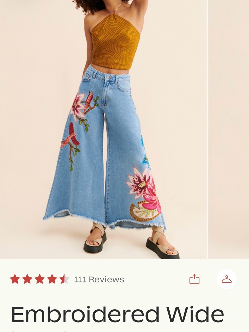 Farm Rio Wide Leg Embroidered Floral Denim Jeans - Picture 2 of 6